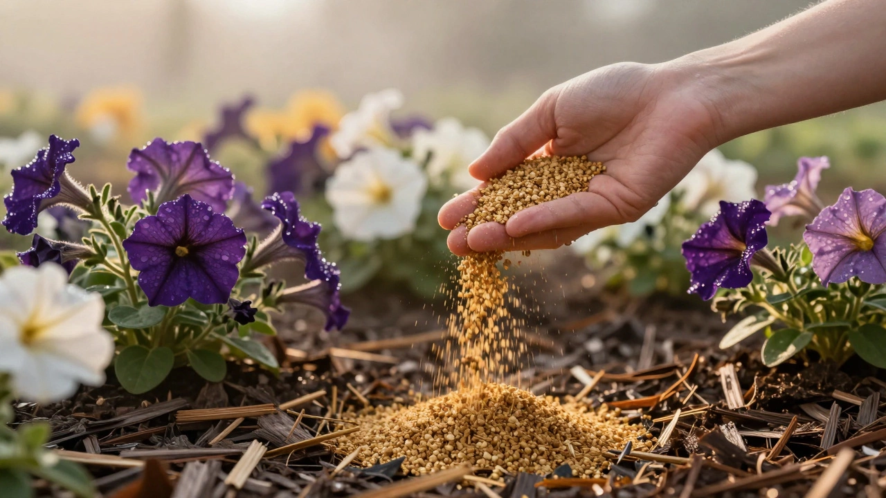 Рука рассыпает гранулы удобрения над мульчированной клумбой, цветы в полном расцвете, утренний туман и солнечный свет.