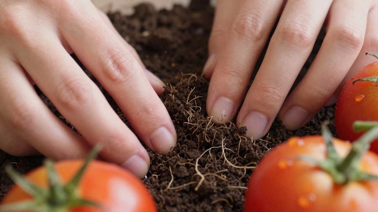 Руки касаются почвы рядом со свежими помидорами крупным планом