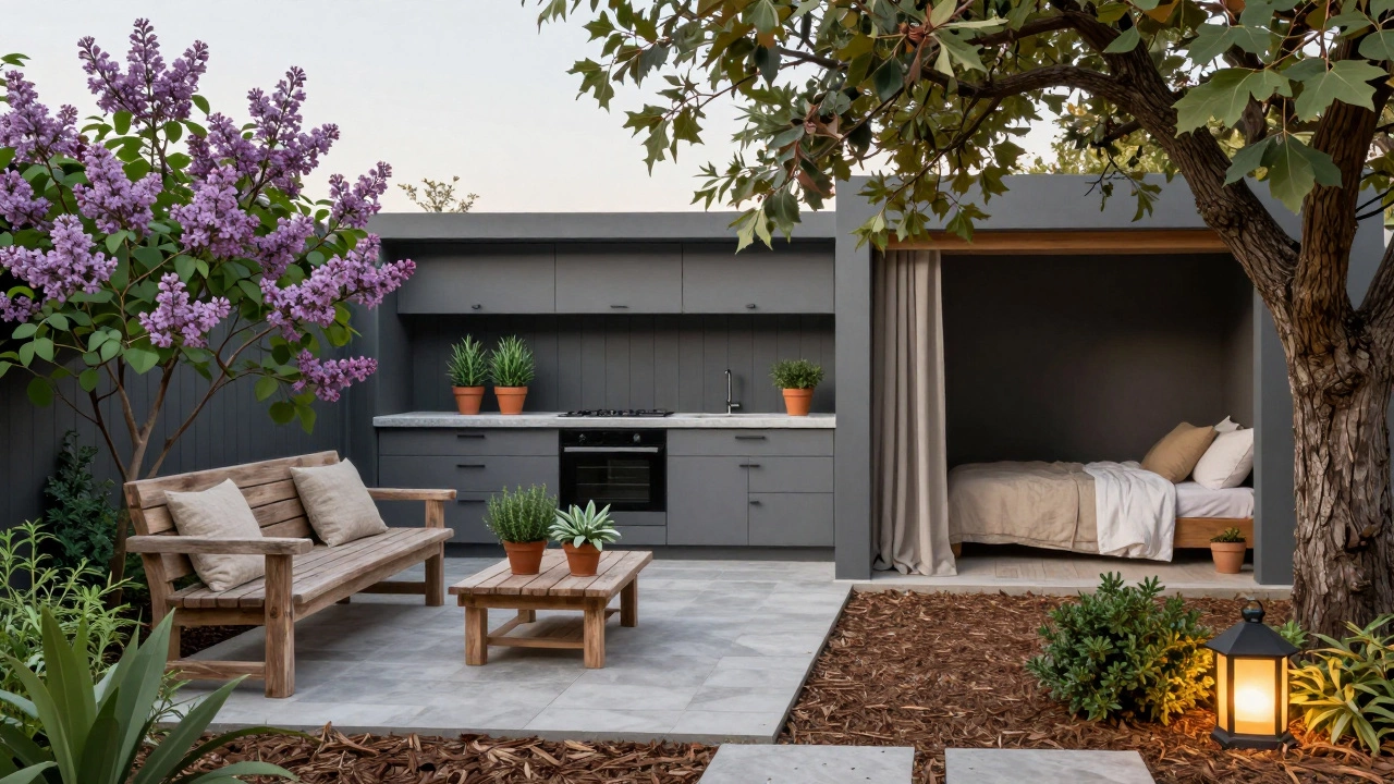 Сад как жилое пространство: зоны отдыха, кухни и спальни с деревянной мебелью и солнечными фонарями.