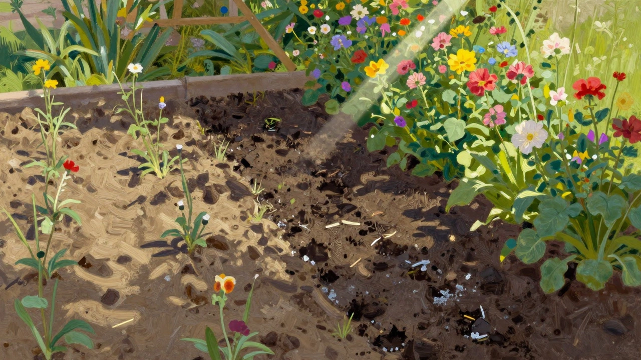 Сравнение бедной и богатой почвы: слева — скудные цветы в тени, справа — пышный цветущий участок с перегноем и золой.