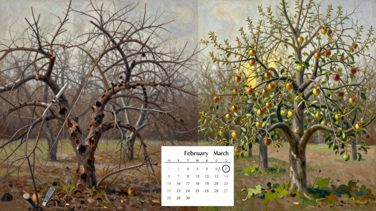 Сравнение неправильно и правильно обрезанных деревьев: густой персик и открытая яблоня.