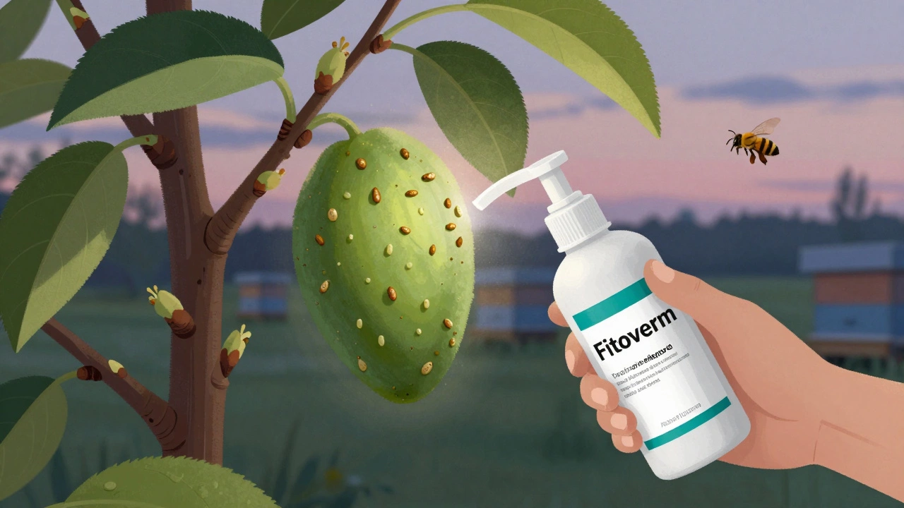 Вечерняя обработка дерева в фазе зелёного конуса, с видимыми личинками и пчёлами, улетающими в ульи.