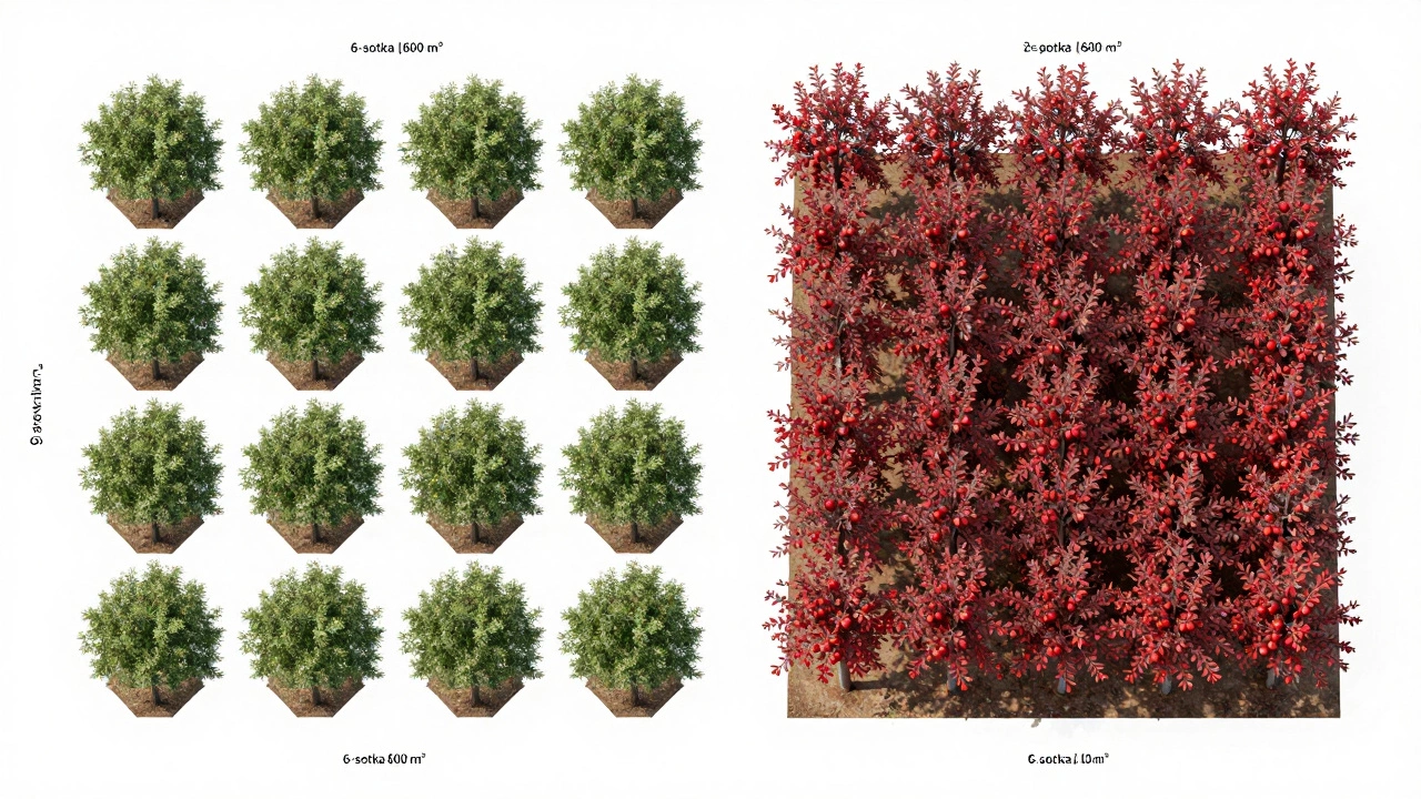 Вид сверху на оптимальную схему посадки 12 яблонь на участке 6 соток, с выделенными зонами для каждого типа дерева.
