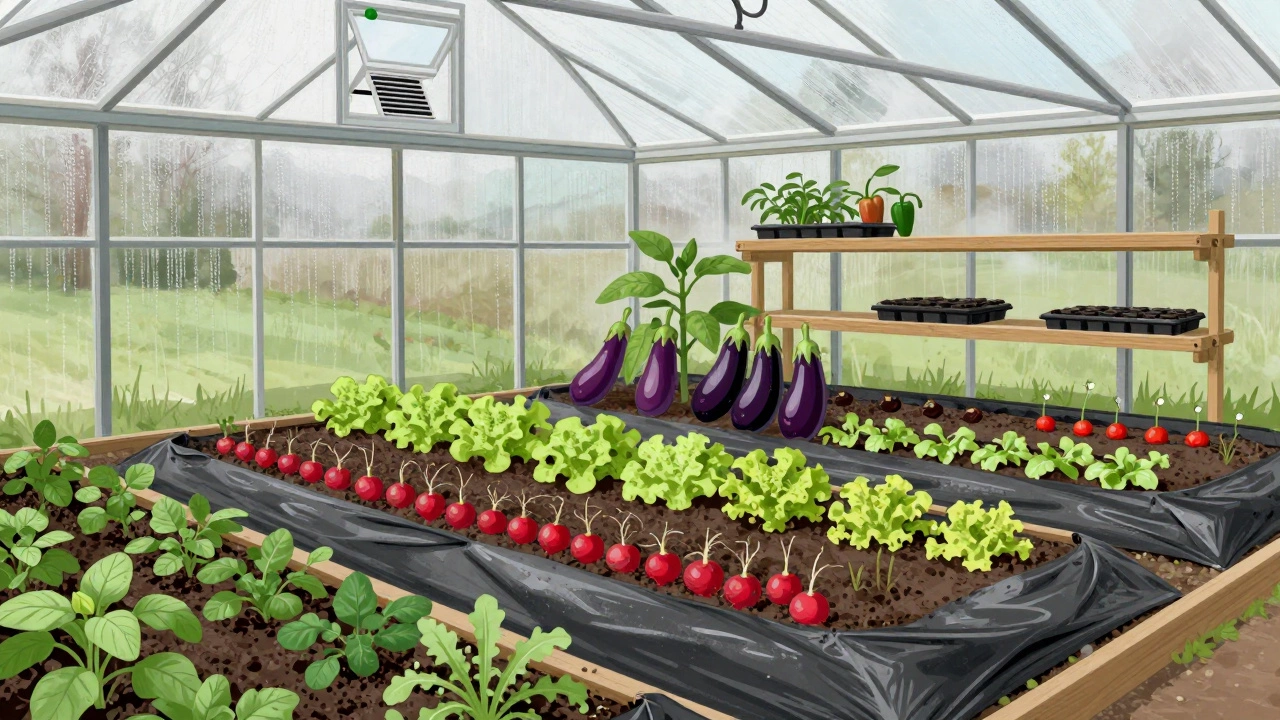 Внутри теплицы: разные культуры по зонам, от зелени до баклажанов, с парниками и проветриванием.