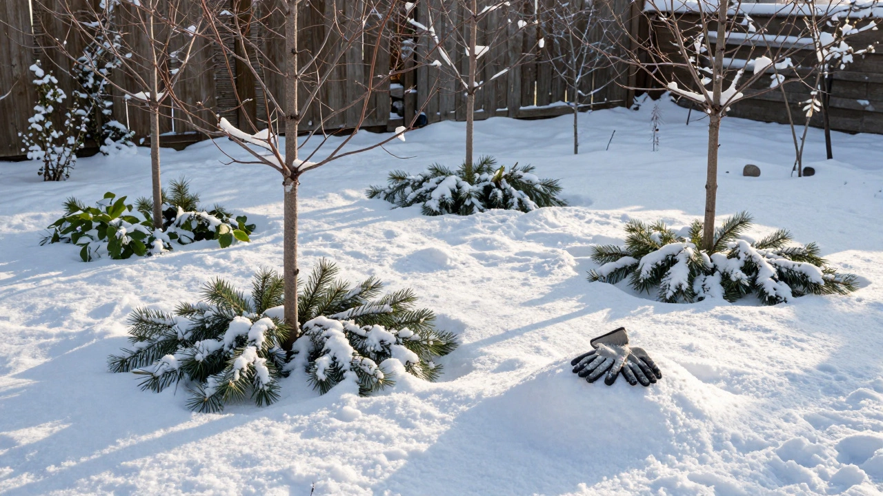 Заснеженный сад с укрытыми растениями и слоем лапника, без пленки, на рассвете.