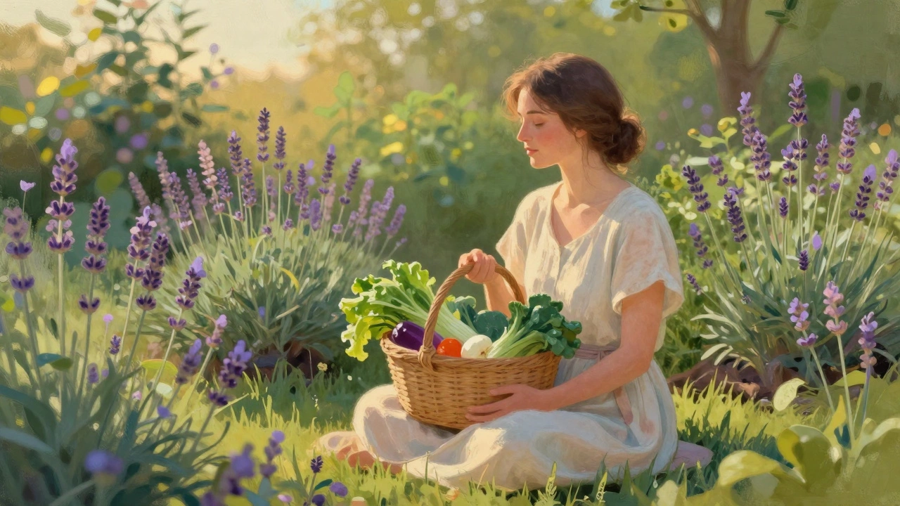 Женщина с корзиной овощей отдыхает среди цветов в саду