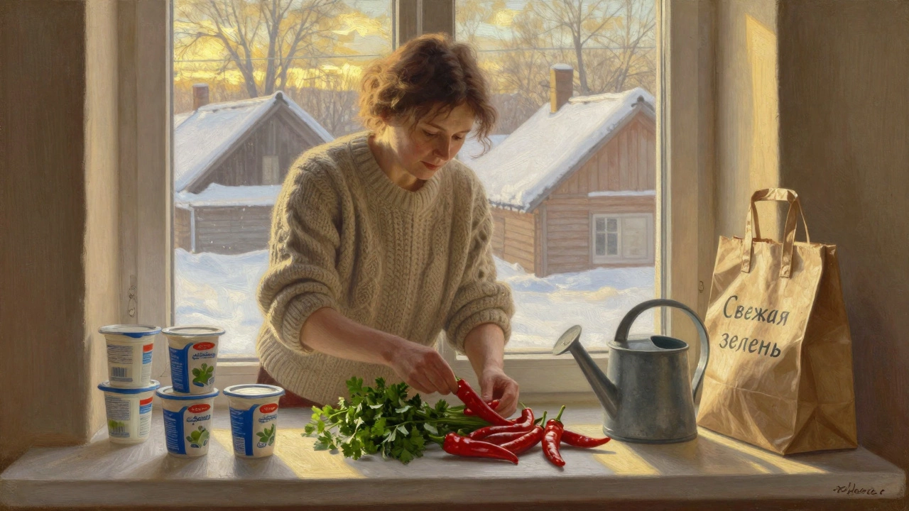 Женщина собирает перец и петрушку с подоконника в домашних условиях, рядом — упаковки для продажи.