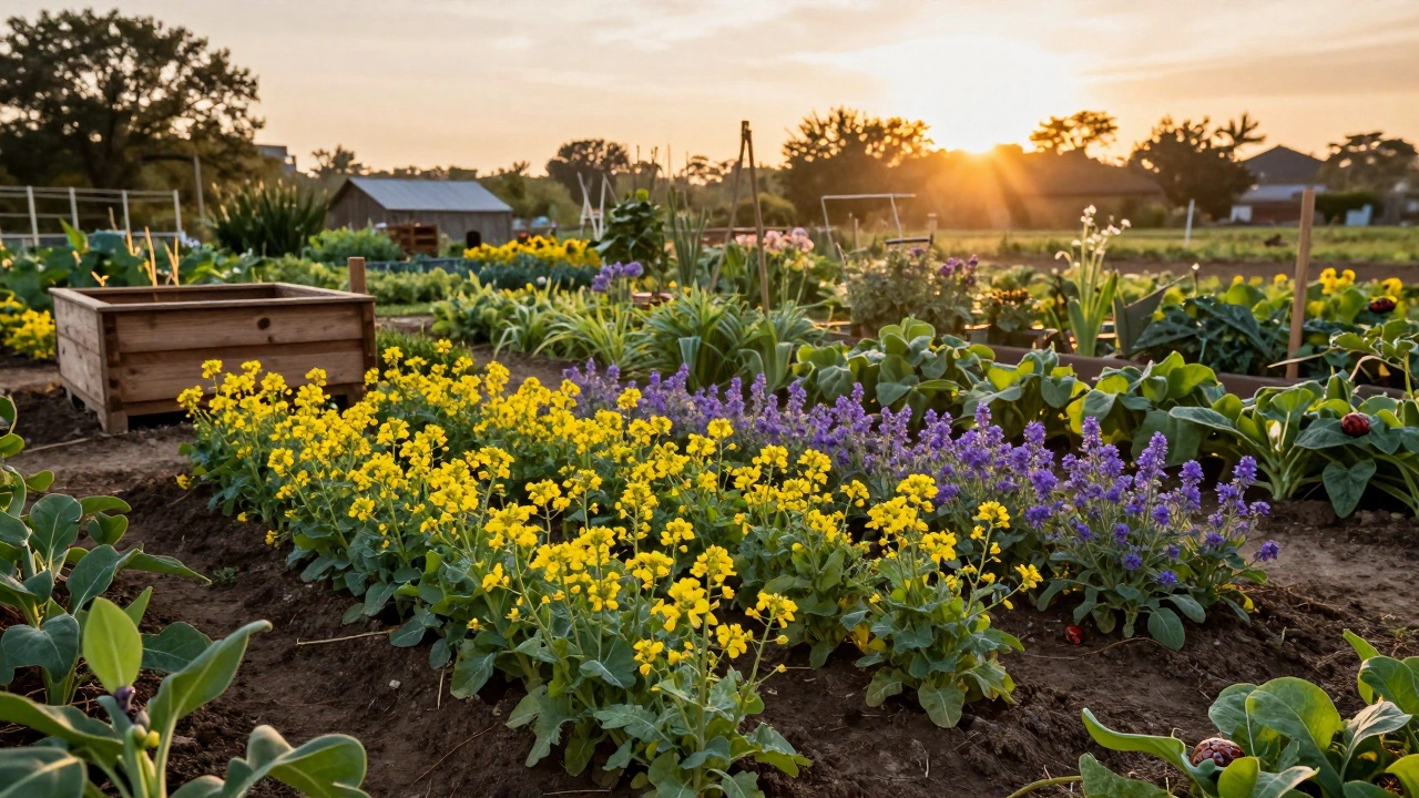 Цветущие сидераты и компостная куча в органическом саду на закате