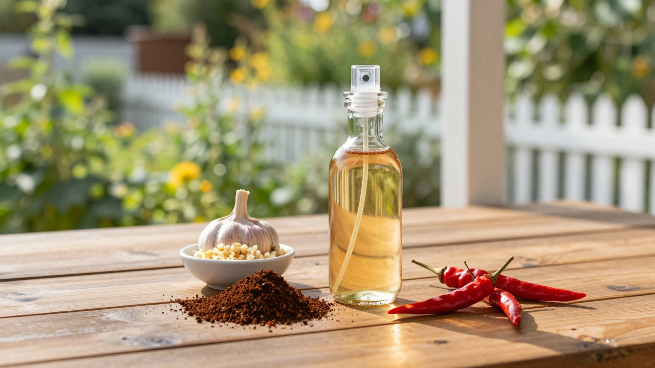 Домашние средства для защиты сада: чеснок, перец и кофейная гуща на столе