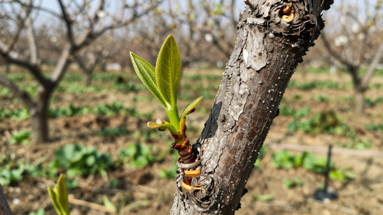 Крупный план места прививки на стволе быстрорастущего плодового дерева