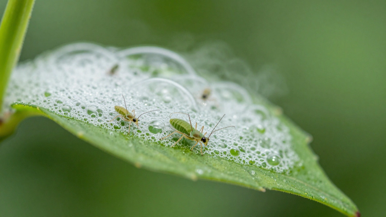 Макроснимок листа растения, обработанного натуральным раствором от тли
