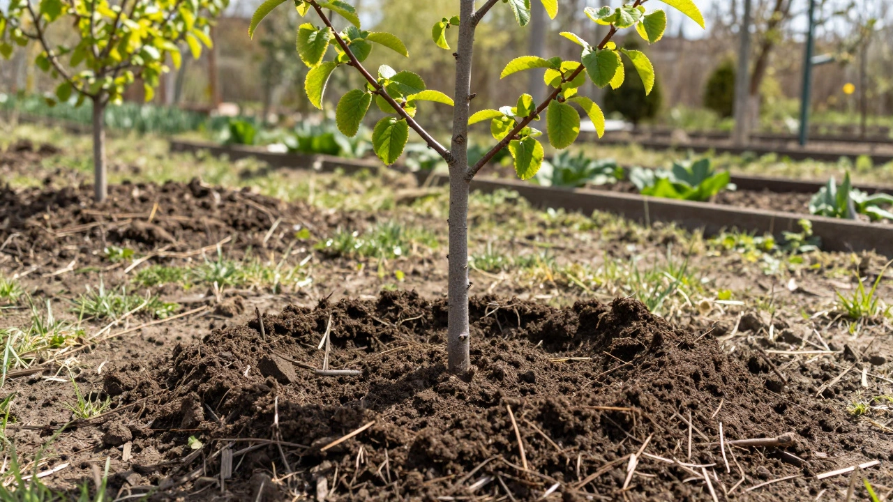 Молодое дерево с правильно оформленным приствольным кругом из почвы и мульчи