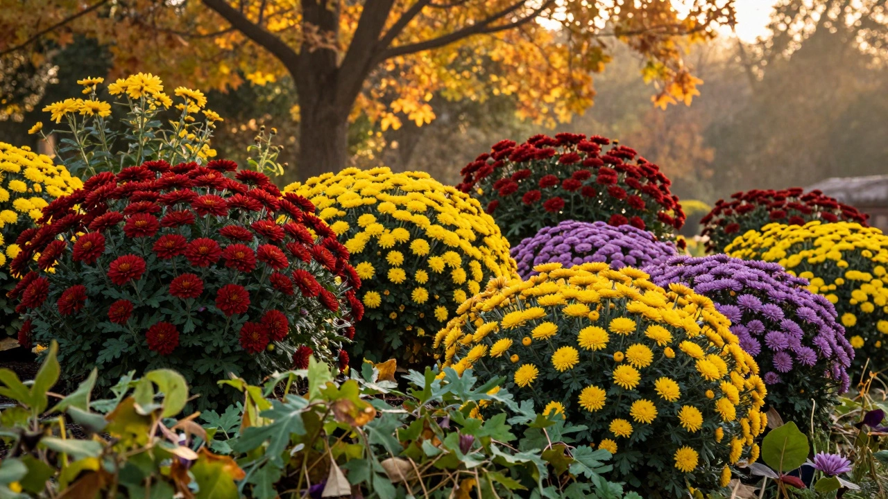 Осенний сад с яркими хризантемами и астрами в теплых золотистых тонах