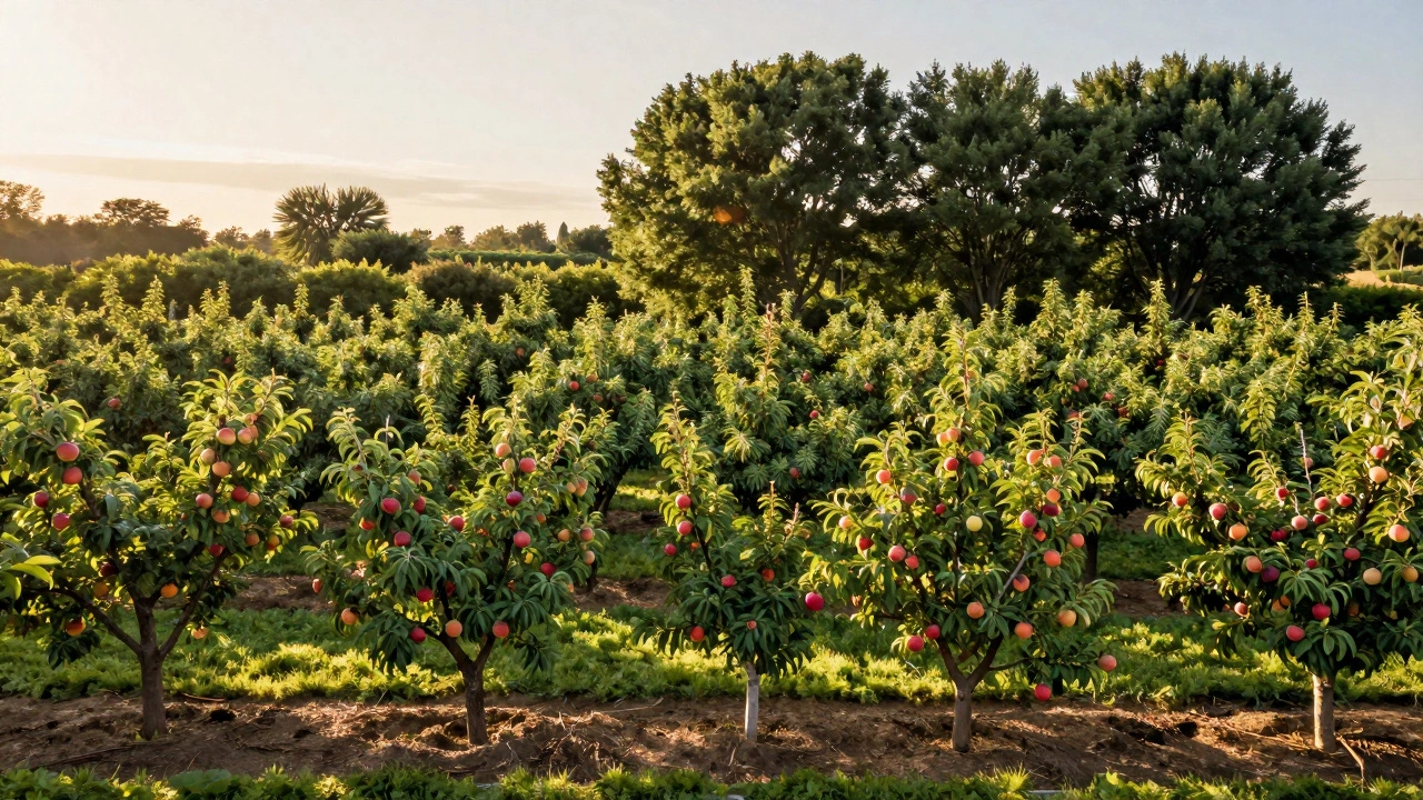 Планировка сада с рядами слив, яблонь и ореховых деревьев в лучах заката