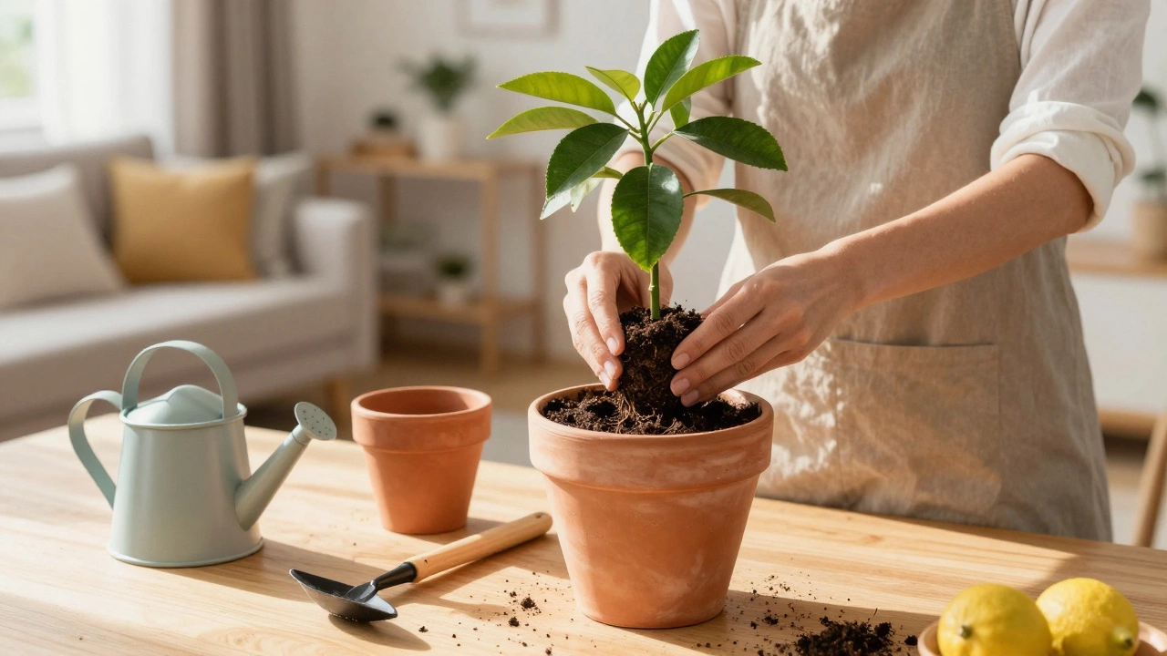 Процесс пересадки лимонного дерева в более крупный керамический горшок