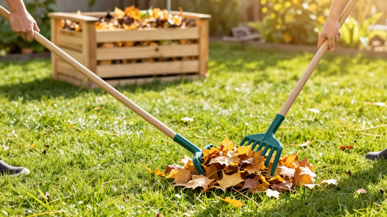 Процесс уборки опавшей листвы с газона пластиковыми граблями