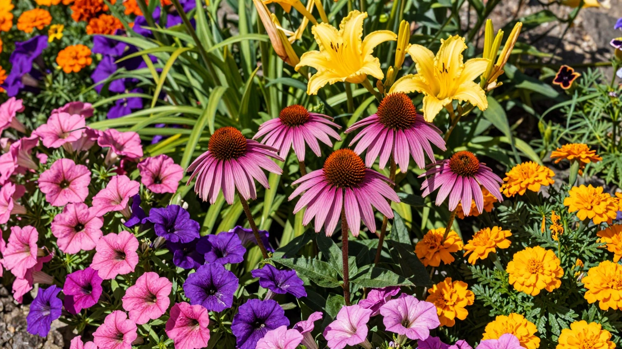Пышный летний цветник с эхинацеей, лилейниками, петуниями и бархатцами