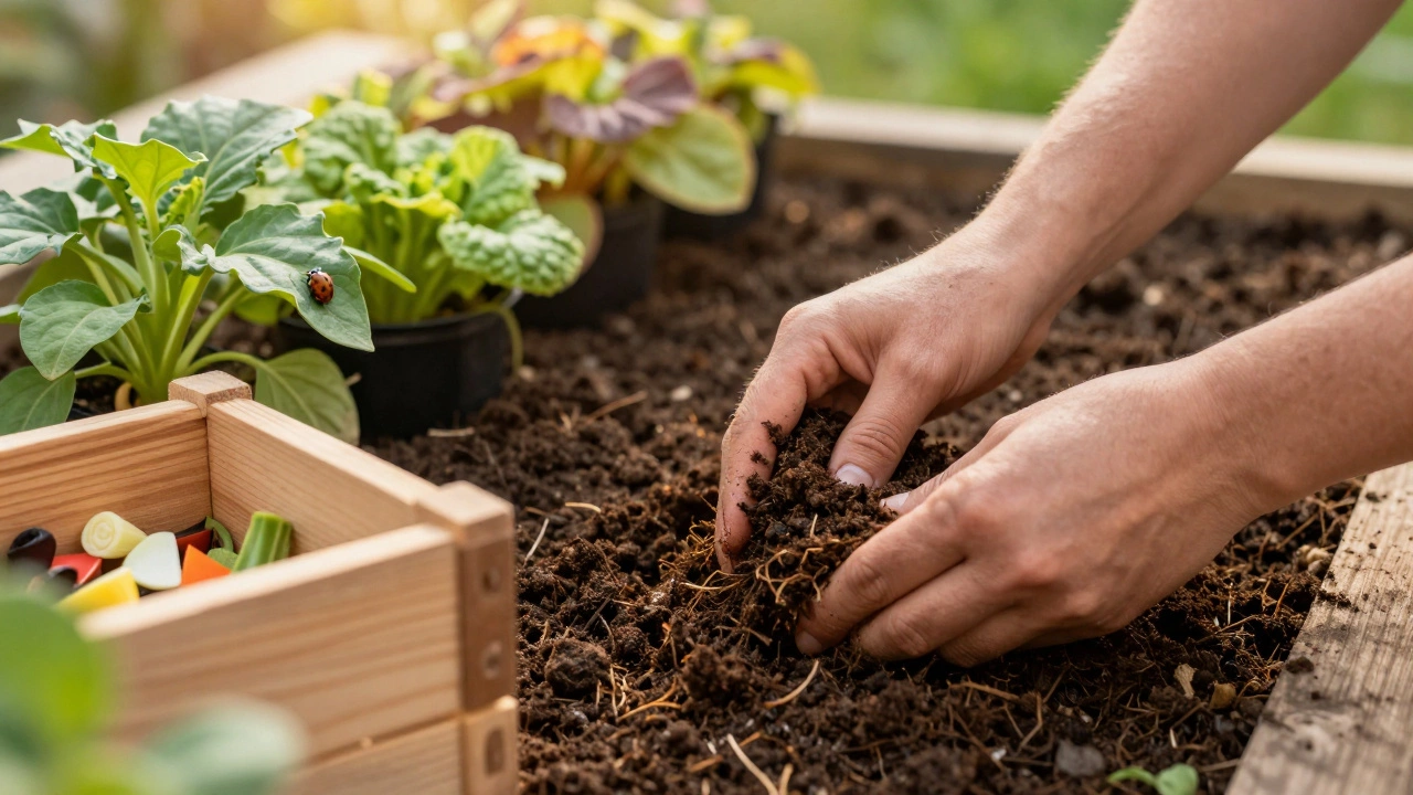 Руки садовода, добавляющие темный компост в почву на дачном участке