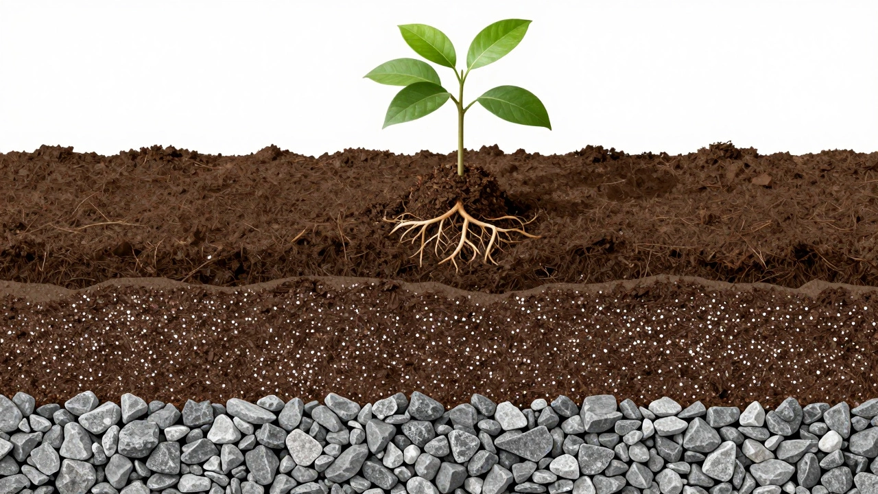 Схема слоев в посадочной яме: дренаж, удобрения и корневой ком саженца