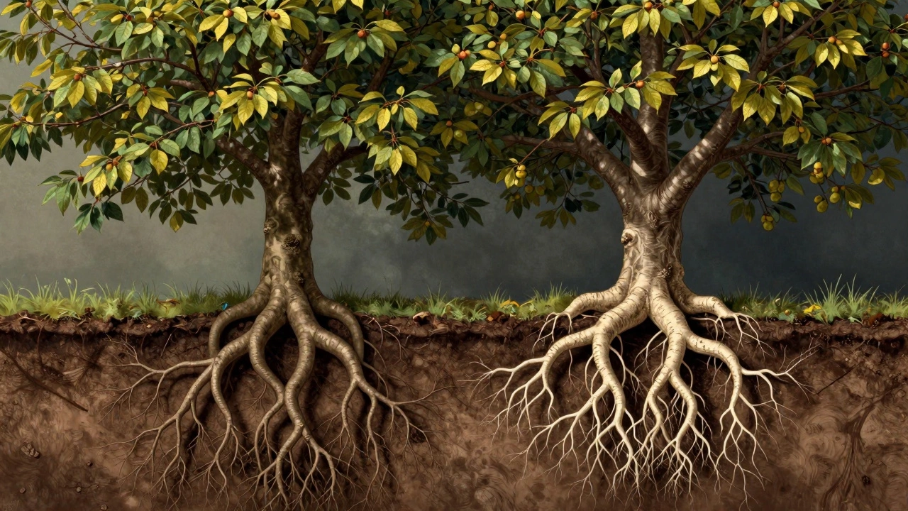 Схематичное изображение конкуренции корней и тени между сливой и вишней