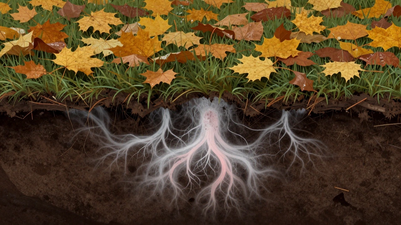 Схематичное изображение развития грибка и плесени в корнях травы под листьями