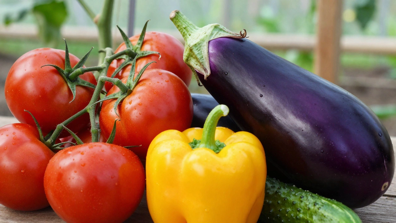Спелые томаты, баклажан, перец и огурец — богатый урожай тепличных овощей