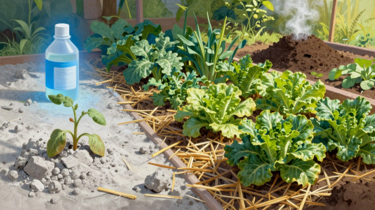 Сравнение истощенной химической почвы и здорового органического огорода с мульчой