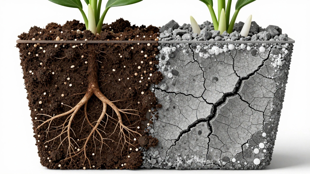 Сравнение здоровой рыхлой почвы и истощенного, уплотненного грунта в разрезе