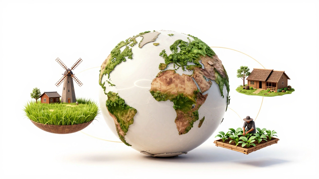 Стилизованный глобус с фермами разных стран, символизирующий мировые эко-стандарты