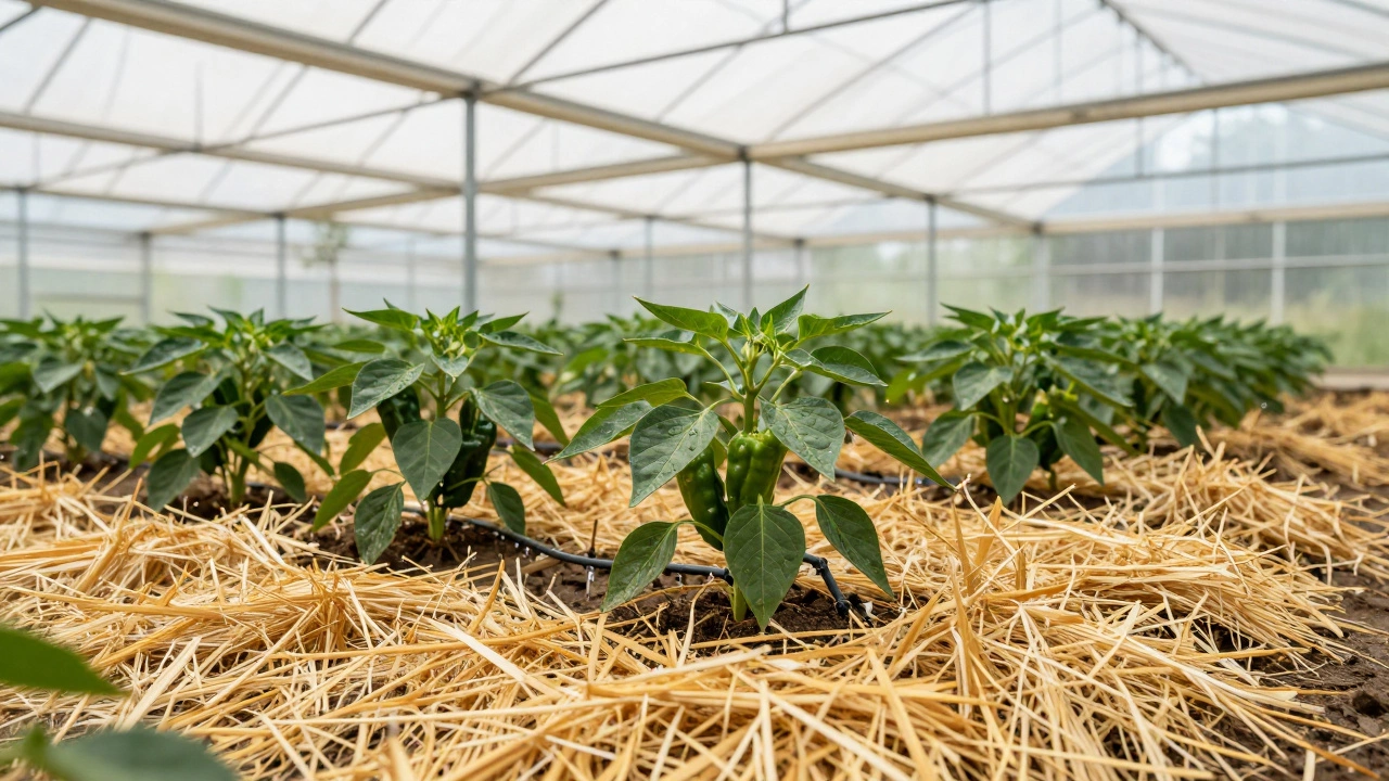 Теплица с притеняющей сеткой, мульчированием почвы и системой капельного полива