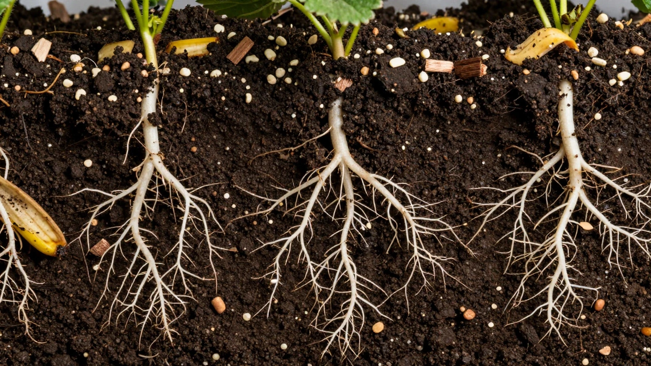 Close-up of healthy white plant roots in dark, nutrient-rich soil