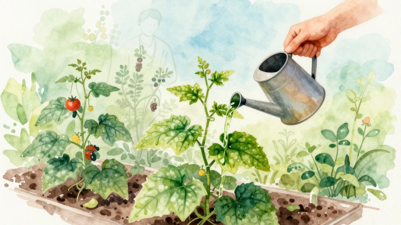 Watercolor painting of pouring green liquid fertilizer onto a cucumber plant